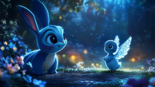 Moonlit forest meeting of blue bunny and fairy bird friends.