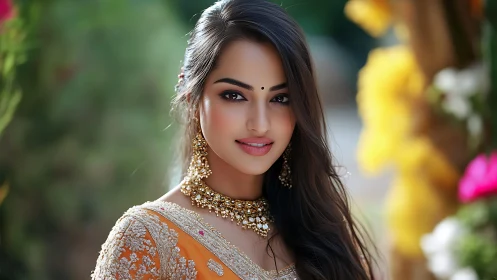 Woman in ornate orange saree with gold jewelry outdoors.