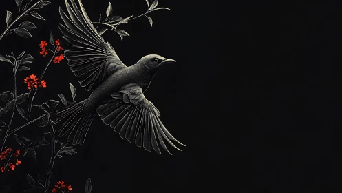 Monochrome songbird ascends against botanical silhouettes