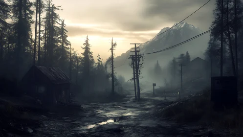 Fog-drenched mountain road with abandoned rural powerlines.