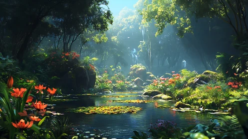 Sunlit jungle lagoon hums softly beneath glowing canopies