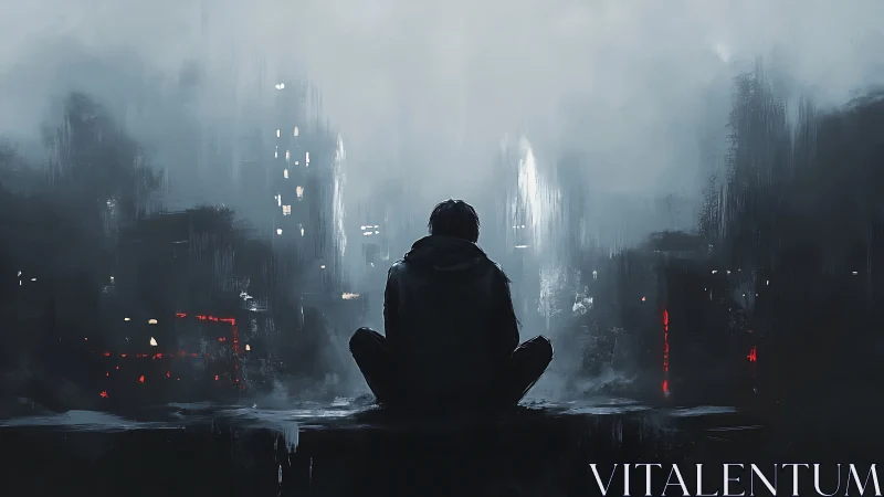 Solitary figure viewing mist-covered urban skyline at night.