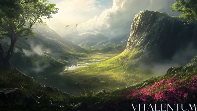 Luminous mountain valley digital painting with layered depth staging.