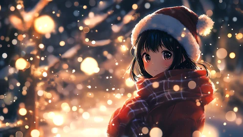 Festive winter girl framed by glowing snow bokeh lights.