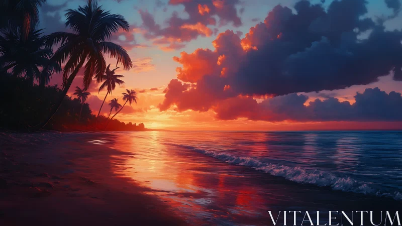 Tropical shoreline at sunset rendered in saturated digital color