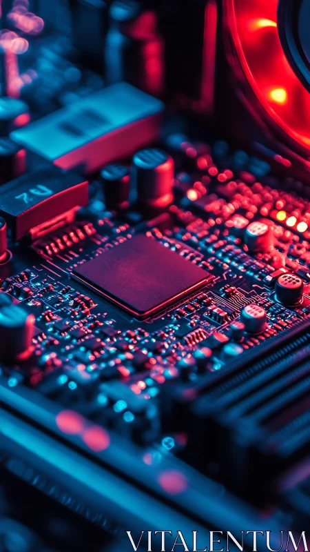 Motherboard close-up shows central chip under red-blue light