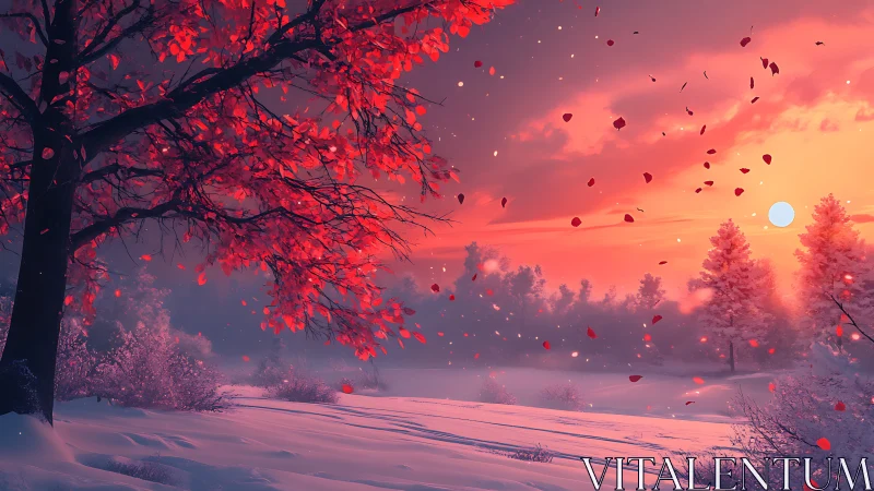 Crimson foliage over snowy valley at luminous winter sunset.