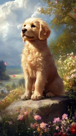 Golden retriever puppy rendered in high-detail pastoral lighting