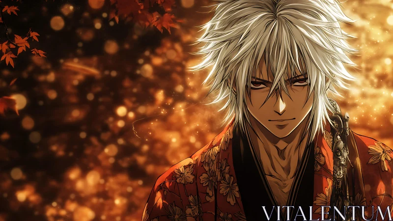 Male anime figure stands against defocused autumn bokeh field