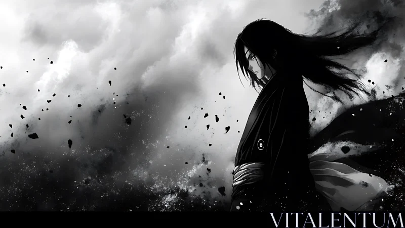 Storm-touched warrior stands calm amid swirling black skies