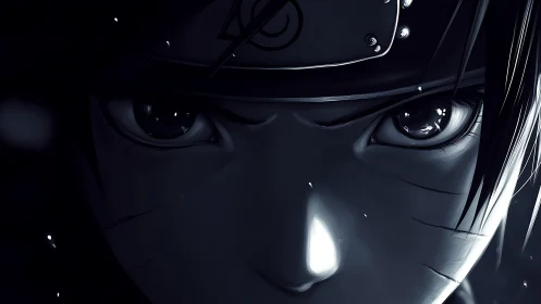 Intense anime ninja portrait framed in dramatic shadow.
