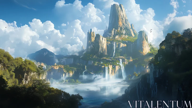 Vertical monolith waterfalls over misted jungle canyon basin