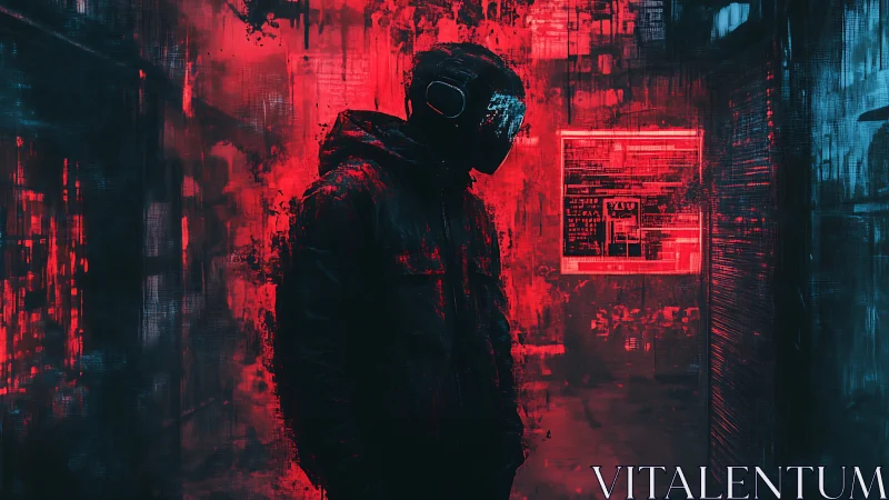 Hooded figure with visor stands in neon red alleyway