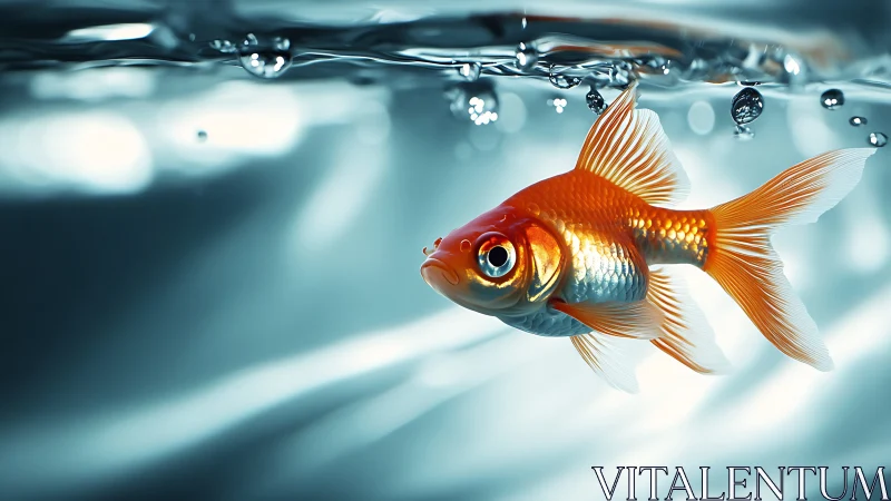 Goldfish close-up in bright water with reflective surface.
