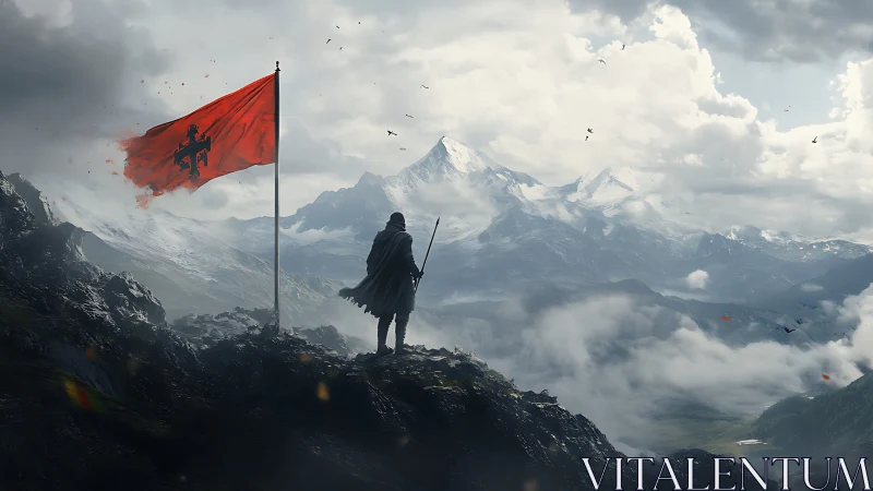 Lone cloaked sentinel overlooks stormlit imperial range.