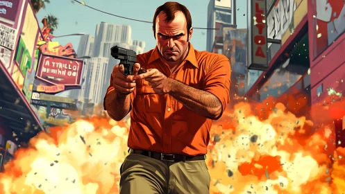 Armed male figure in orange shirt amid urban explosion scene.