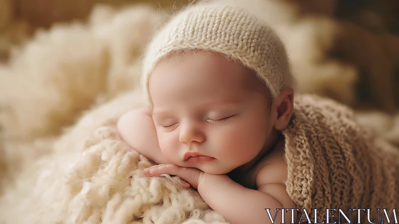 Sleeping newborn wrapped in knitted textiles and headwear