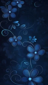 Blue Botanical Vector Illustration with Gradient-Filled Floral Elements on Deep Navy Background