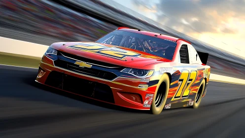 Red Chevrolet stock car number 72 on banked racetrack.