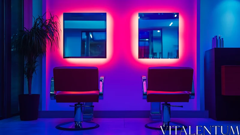 Neon salon interior with twin mirrors and styling chairs.
