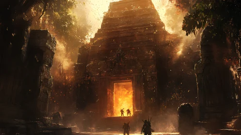Adventurers approach blazing ancient jungle temple gate.