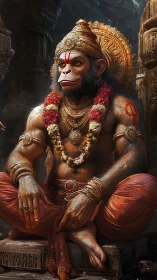 Regal monkey deity sits adorned with gold ornaments