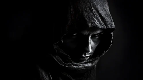 Low key hooded figure portrait with dramatic chiaroscuro lighting.