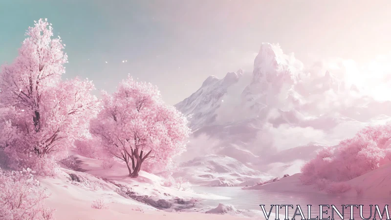 Pink blossom valley surrounds distant snow crowned mountain