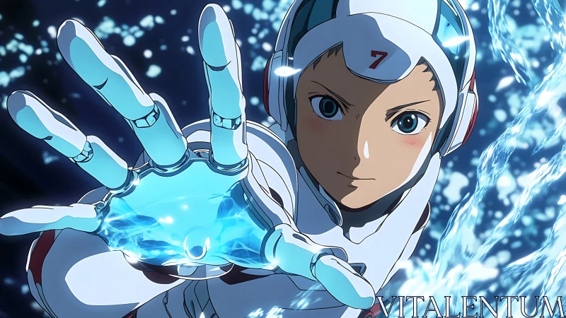 Cyborg pilot channels blue energy blast in deep space