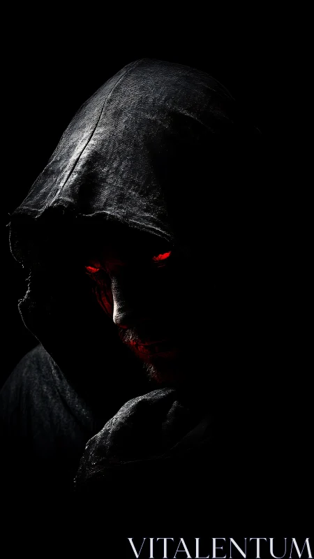 Hooded figure with red illuminated eyes occupies dark frame