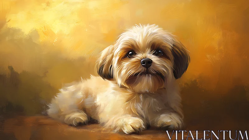 Golden-hued digital painting of a fluffy dog in soft focus