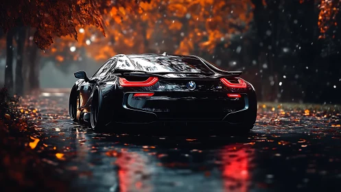 Futuristic sports coupe rendered on wet autumn forest road