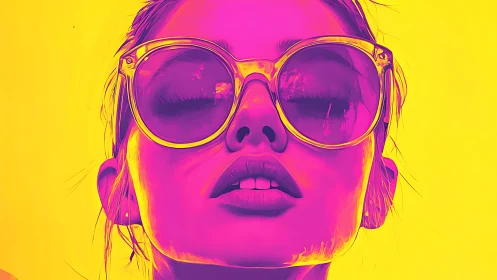 Neon portrait amplifies bold sunglasses and dreamy calm.