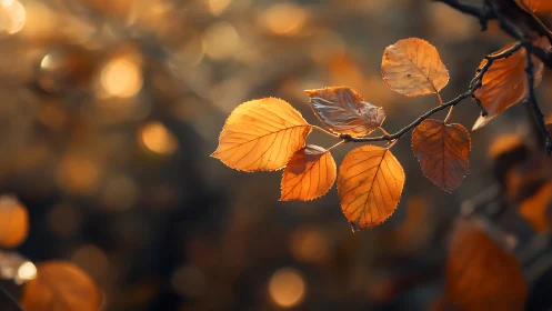 Backlit autumn leaves in warm golden bokeh glow.