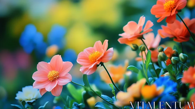 Vibrant Coral Dahlias Bloom Among Multicolored Garden Flowers.