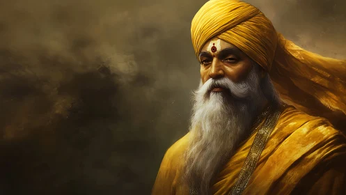 Golden-robed elder steadies stormy skies with quiet fire