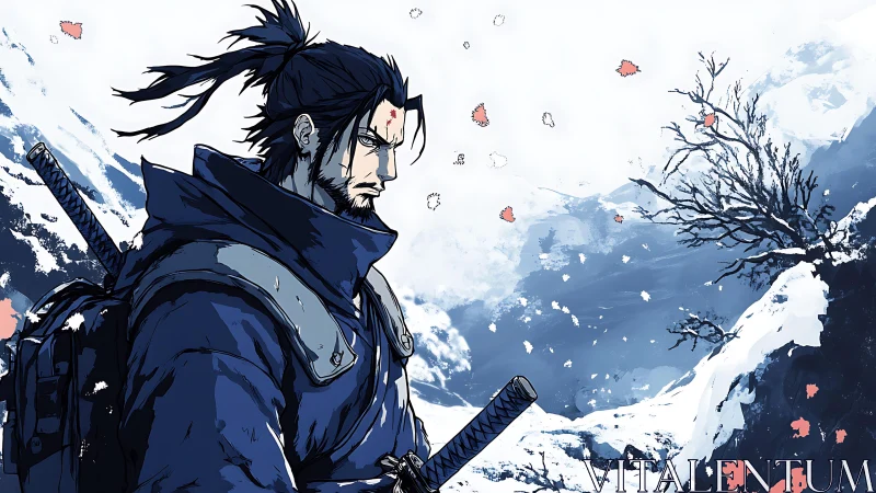 Stoic winter ronin in dynamic cel-shaded mountain blizzard.