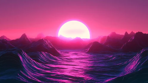 Dreamy neon sunrise over glowing digital waves and peaks.