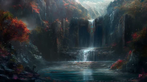 Mythic waterfall sanctuary with carved stone gate.