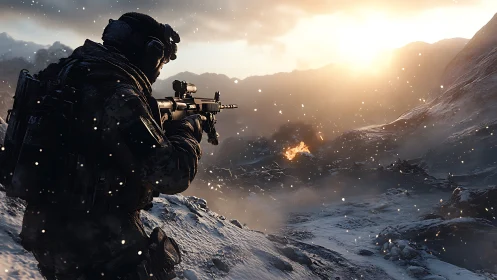 Tactical shooter in snowy mountain terrain with distant explosions.