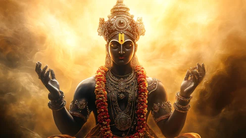 Digital deity portrait in golden volumetric atmospheric glow