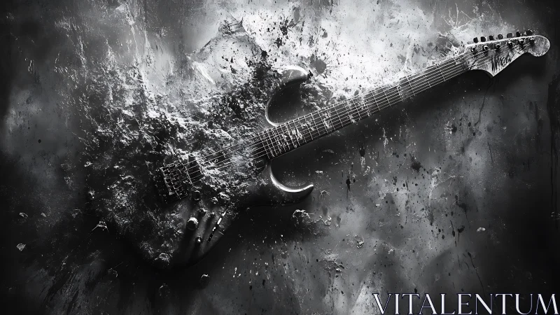 Shattering guitar in a storm of sound and grayscale dust.