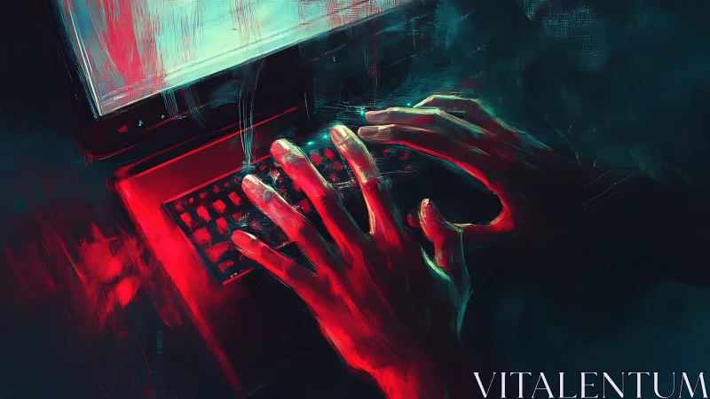 Hands typing on glowing keyboard in dark digital scene.