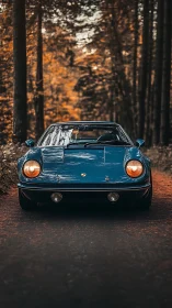 Forest lane daydream: vintage blue sports car waits.