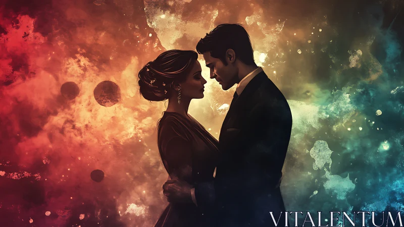 Silhouetted couple embracing against luminous particle effects and chromatic backdrop.