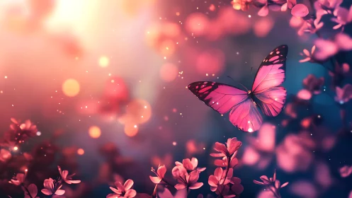 Radiant pink butterfly drifting through dreamy floral light.