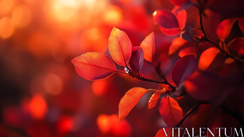 Red autumn leaves in warm sunset backlight close up.