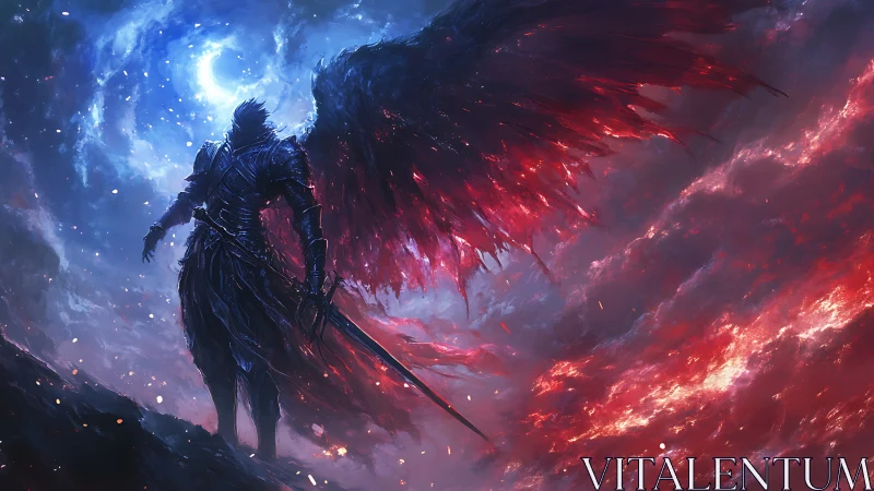 Armored dark angel silhouette with burning red wings under lunar vortex