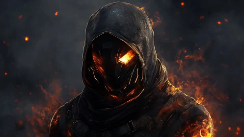 Hooded infernal warrior with molten visor in burning gloom.