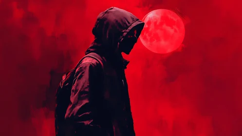 Hooded wanderer walks under red moon in stark silhouette